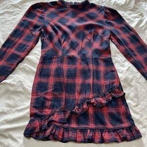 The Fifth Label Nash Mini Dress Size Large Navy & Red Ruffled Plaid